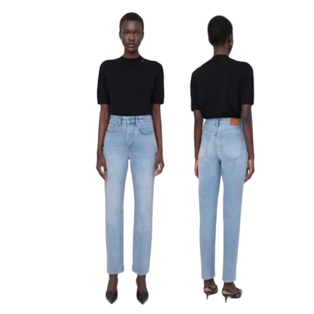 ANINE BING High Waist Rise Jeans 5 Pocket Zipper Stretch Slim Straight Blue